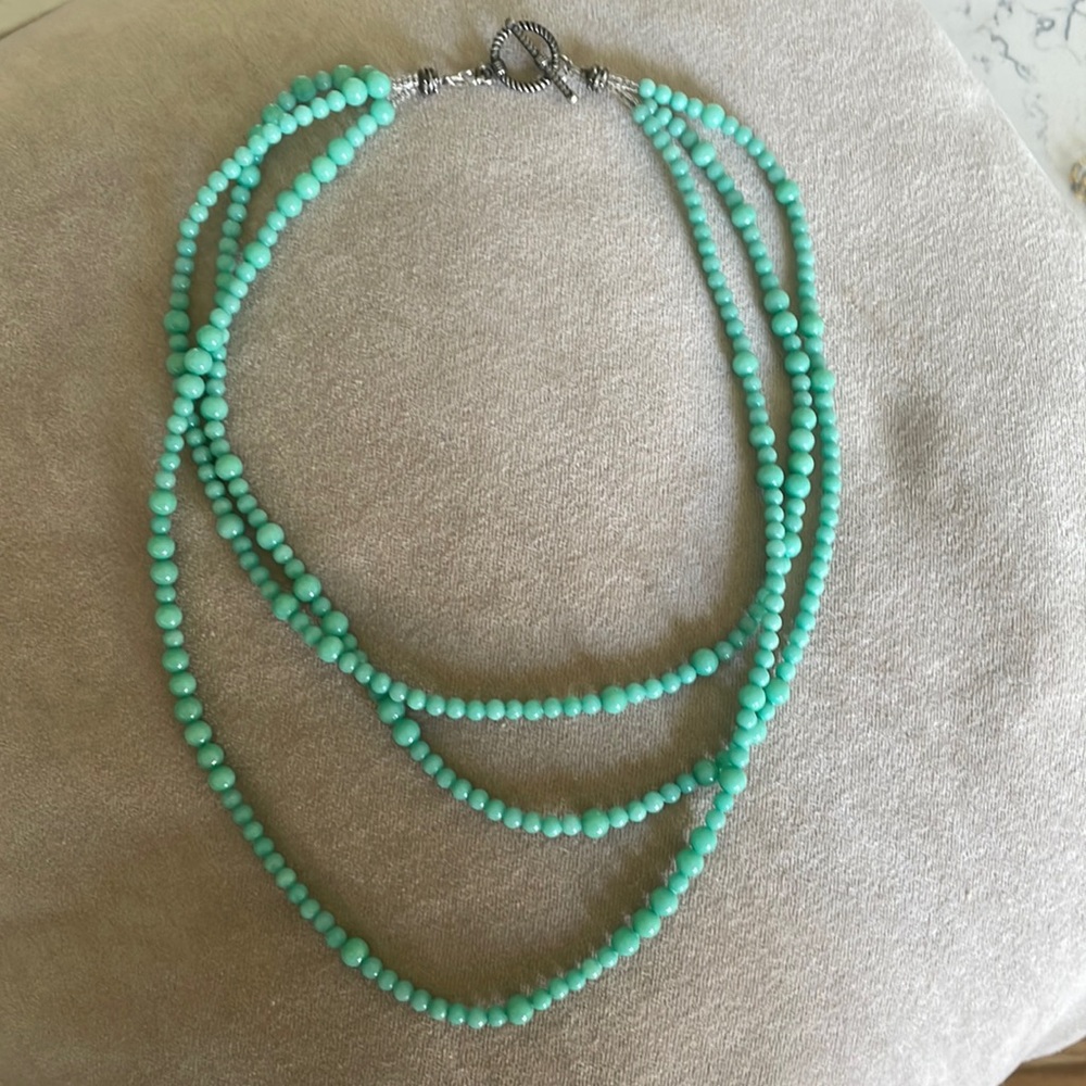 Three strand turquoise green teal bead necklace